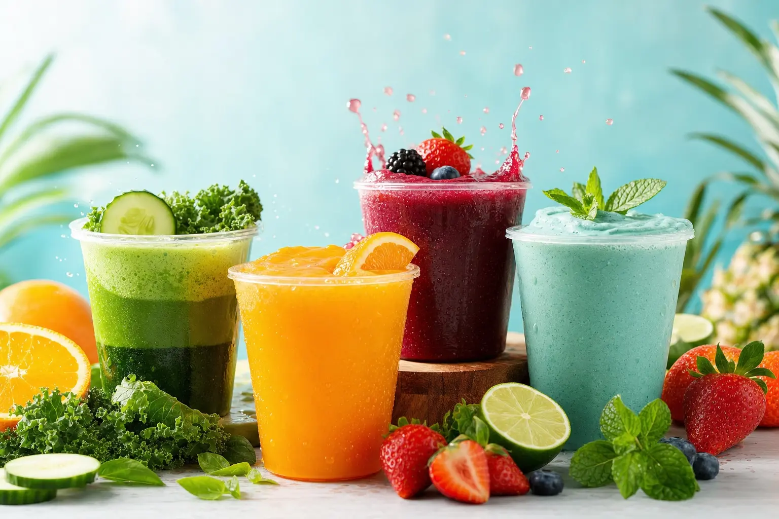 Fresh nékter juices and smoothies surrounded by fruit and vegetables
